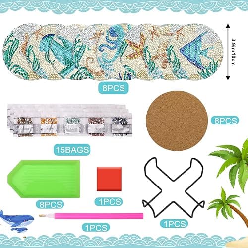 UPINS Ocean Diamond Art Painting Coaster Kit, 8Pcs DIY Crafts Kit with Holder, Non Slip Coaster Art Supplies for Adults, Ideal Christmas Gift thumbnail 2