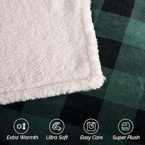 Elegant Comfort Ultra Soft Reversible Buffalo Plaid Flannel Sherpa Blanket - Cozy Silky Checkered Fleece Throw for Couch, Bed - Plush Fuzzy Warm Winter Blanket for Gift, Queen, Green thumbnail 6