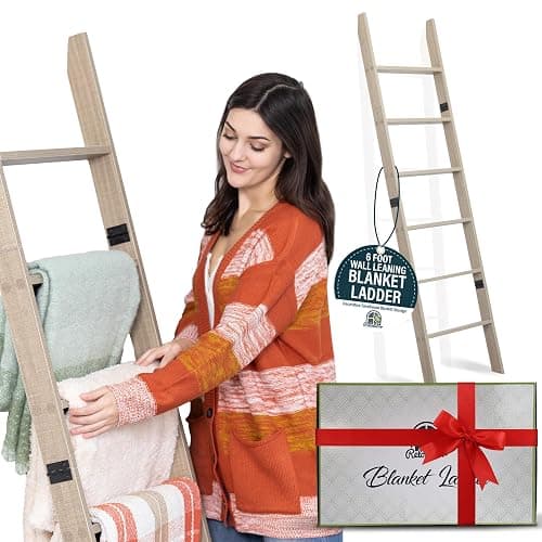 Blanket Ladder for Living Room and Bedroom, 5ft 8 inch, 6-Tier Wall Leaning Laminate No-Snag Construction (Smokey Oak) Rustic Decorative Farmhouse Blanket Storage, Quilt Rack, Ladder Shelf thumbnail 4