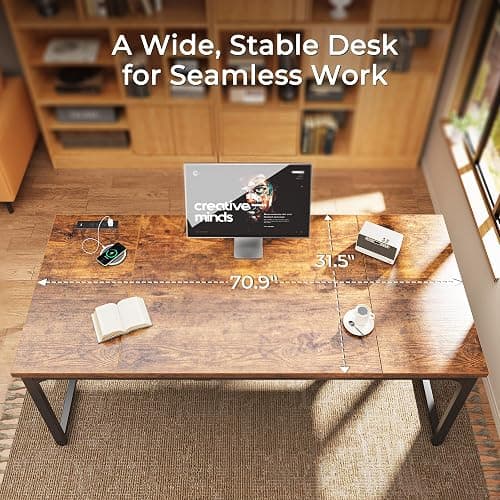 Huuger 71 x 31.5 Inch Desk with Power Outlets & USB-C, 1.2 Inch Thicker Desktop, Robust Metal Tubes, Deep Computer Desk, Heavy Duty Office Desk, Work Desk for Home Office, Rustic Brown thumbnail 5