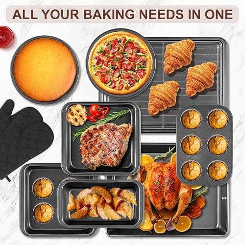 Funnydin 12PCS Nonstick Baking Pans Set - Stackable Bakeware Sets with Wider Grip, Carbon Steel Baking Set Including Cookie Sheets for Baking, Muffin Pan, Loaf Pan, Cake pan, Roasting Pan, Oven Mitts thumbnail 4