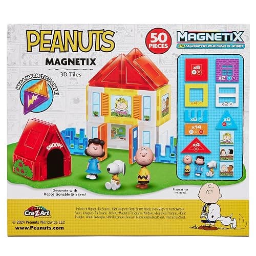 Cra-Z-Art Magnetix 3D Peanuts Charlie Brown and Friends Magnetic Building Tile Playset, Educational, STEM Toys for Ages 3+, 50 Pieces thumbnail 6