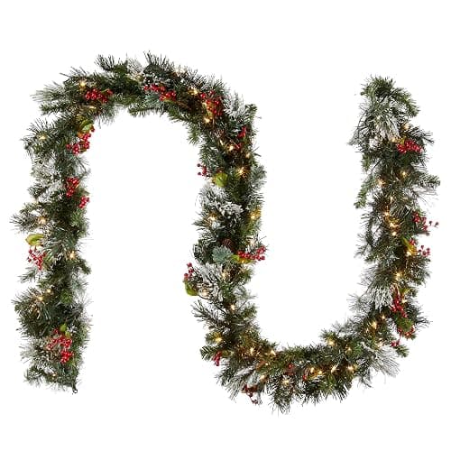 National Tree Company 9 ft Pre-Lit Wintry Pine Flocked Artificial Christmas Garland, Christmas Decoration with Pinecones, Red Berries, 100 Clear Lights, 184 Tips, Green thumbnail 2