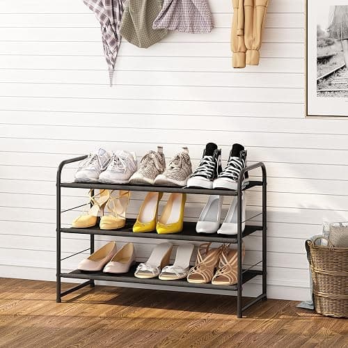 Simple Trending 3 Tier Stackable Shoe Rack, Expandable Adjustable Fabric Shoe Shelf Storage Organizer, Black thumbnail 2