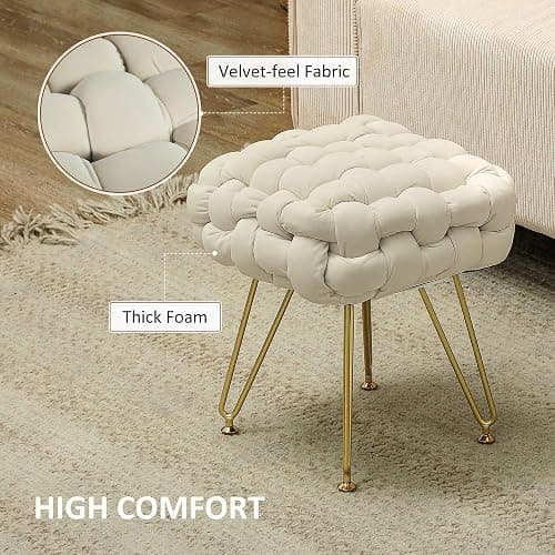 HOMCOM Square Foot Stool, Woven Footrest Ottoman with Metal Legs, Padded Makeup Vanity Stool, Velvet Dressing Table Seat for Bedroom, Cream White thumbnail 6