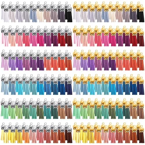 Duufin 240 Pieces Keychain Tassels Bulk Leather Tassel Pendants Colorful Tassel for Keychain, Craft and DIY Projects, 60 Colors (Gold and Silver Cap) - Image 1