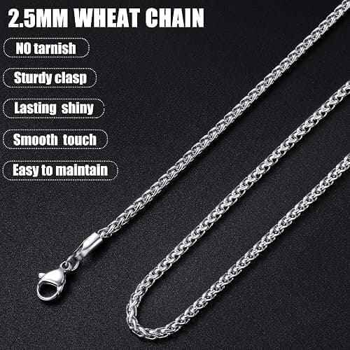 Fiusem Wheat Chains for Men and Women, 2/2.5/3/4/5mm Silver Tone Necklace Chain, Stainless Steel Mens Necklace 16-28 Inch - 20 Inches - Silver 2.5MM thumbnail 5
