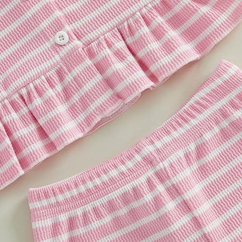 WZTYYDS Toddler Baby Girl Summer Outfit Tank Tops Ruffle Shorts Set | Waffle Knit, Striped, Sleeveless Button Down Shirt, Sweet 2 Pieces Clothes, 6M, 12M, 18M, 24M, 2T, 3T, 4T, Little Kids, Soft thumbnail 6