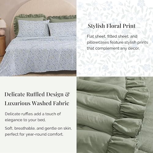 BLOOMHAVEN Queen Comforter Set - 7 Pieces Ruffle Sage Green Bedding Sets, Shabby Chic Farmhouse Bed in a Bag Queen with Ruffle Comforter, Floral Sheets, Pillowcases & Shams thumbnail 4
