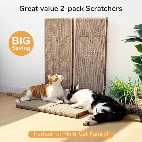 FUKUMARU Cat Scratcher, 26.8 Inch Cat Scratch Pad for Indoor Cats, L Shaped Cardboard Vertical Cats Scratching Board with Ball Toy, Walnut Color, 2 Packs thumbnail 2