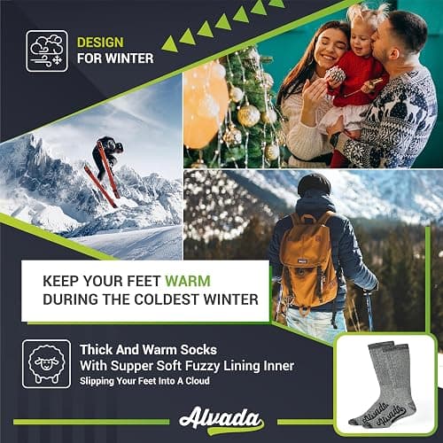 Alvada Merino Wool Hiking Socks Thermal Warm Crew Winter Boot Sock For Men & Women 3 Pairs thumbnail 5