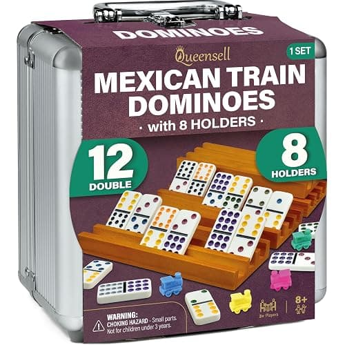 Queensell Mexican Train Dominoes Set with 8 Holders - Wooden Hub and Tiles Holders - Double 12 Tiles with Dots (D12 + 8 Holders) - Image 1