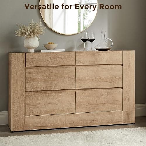 OKD Modern 6 Drawer Dresser with Handle-Free Hidden Drawers, Natural Oak | 54" Wide Bedroom Dresser, Thick Wood Design, Dressers TV Stand, Storage Organizer for Living Room thumbnail 9
