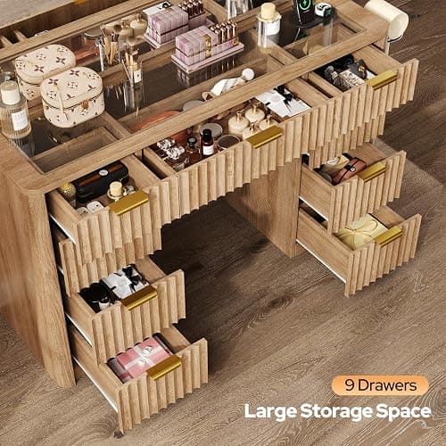 47" Fluted Vanity Desk with 42" Mirror & LED Lights, Large 9 Drawers Makeup Vanity Table with Tempered Glass Top & Charging Station, Waterfall Edge Design for Women&Girls, Bedroom or Dorm, Natural Oak thumbnail 3