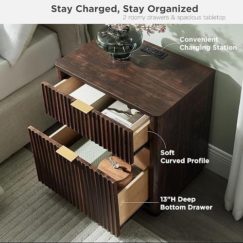 T4TREAM 23'' Fluted Nightstand Set of 2 with Charging Station, Large 2 Drawer Bedside Table, Modern End Table with Storage, Mid Century Night Stand for Bedroom Living Room, Curved Profile, Dark Walnut thumbnail 4