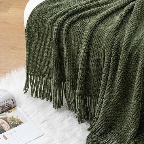 BATTILO HOME Olive Green Throw Blanket for Couch, Soft Chenille Knit Throws with Tassels for Home Decor, Green Blankets and Throws for Bed Couch Cover, 60"x80" thumbnail 7
