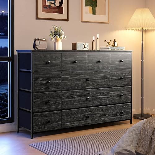 Black Dresser TV Stand with 13 Fabric Dresser 45 Inch TV Stand for Bedroom Chests of Drawers for Bedroom, Entryway, Wood Top and Sturdy Frame thumbnail 6