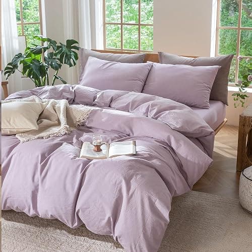 MooMee Bedding Duvet Cover Set 100% Washed Cotton Linen Like Textured Breathable Durable Soft Comfy (Heathered Light Purple, Twin 68"x90") thumbnail 9