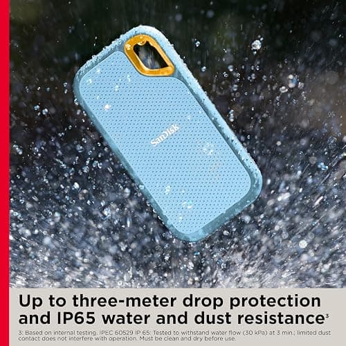 SanDisk 1TB Extreme Portable SSD - Up to 1050MB/s, USB-C, USB 3.2 Gen 2, IP65 Water and dust Resistance, Updated Firmware, Sky Blue - External Solid State Drive - SDSSDE61-1T00-G25B thumbnail 6