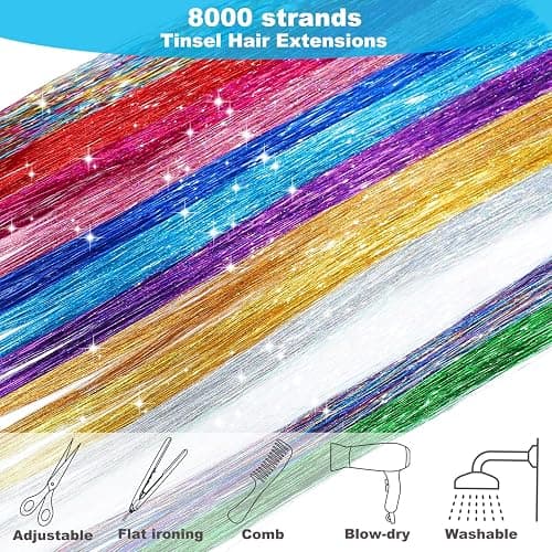 Hair Tinsel, 20 Colors Hair Tinsel Kit, 8000 Strands Tinsel Hair Extensions | 48 Inch Glitter Tinsel Hair with Tools, Heat Resistant Sparkling Fairy Hair Accessories for Girls & Women thumbnail 4