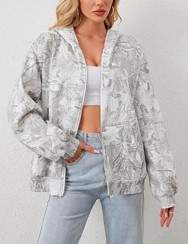 ACCPUR Women Camo Hoodie Oversized Fleece Full Zip Up Sweatshirt Casual Long Sleeve Jackets Trendy Fall Clothes With Pockets thumbnail 3