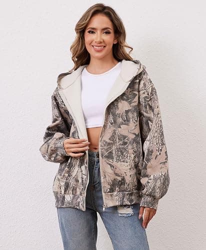 Eutten Womens Camo Zip Up Hoodie Long Sleeve Maple Leaf Print Oversized Hooded Jacket Fleece Full Zip Sweatshirt with Pockets thumbnail 3