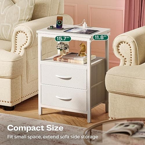 Huuger Night Stand with Charger Station and LED Lights, 2 Drawer Nightstand, Bed Side Table with Open Shelf, End Table, Fabric Dresser for Bedroom, PU Leather, White thumbnail 8