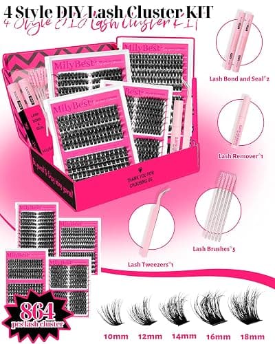 MilyBest 4 Styles Lash Clusters Kit 864Pcs Eyelash Clusters Lash Kit Volume Lashes Clusters D Curl DIY Individual False Eyelashes with 2 Bond&Seal Wispy Bulk Cluster Eyelash Extensions Kit De Pestañas thumbnail 2