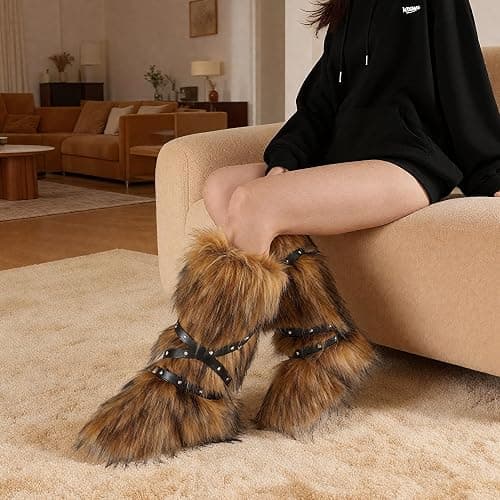 CELNEPHO Fur Boot for Women Comfortable Fuzzy Knee High Boots Round Toe Warm Snow Boots Fashion Winter Boots Y2K thumbnail 3