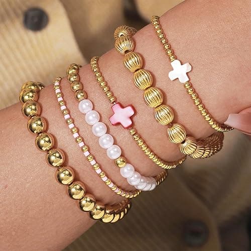 HUASAI Gold Bracelet Stack for Women Beaded Bow Bracelet Non Tarnish Chunky Stretch Paperclip Cross Pearl Bracelets Set Christmas Jewelry Gifts Stocking Stuffers for Teen Girls thumbnail 9