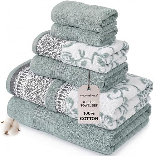 Modern Threads Ophelia 6-Piece 100% Cotton Towel Set – Reversible Yarn Dyed Jacquard & Solid – Includes 2 Bath Towels, 2 Hand Towels, 2 Washcloths – Absorbent, Quick Dry, Soft & Durable – Sage Green - Image 1