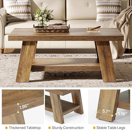 Tribesigns Farmhouse Coffee Tables for Living Room, 47.24" Rectangle Coffee Tables with Storage Shelves, Rustic Wooden Center Table for Apartment, Home Office (Rustic Brown) thumbnail 5