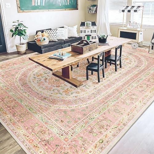 Castage 9x12 Area Rugs Washable,Pink Rug for Living Room Bedroom Dining Room,Large Boho Vintage Bohemian Distressed Farmhouse Carpet Non Slip,Blush Floral thumbnail 4