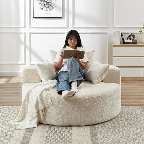 Oversized Round Chaise Longue Chair Indoor, Modern 55-inch Upholstered Chenille Deep Seat Circle Single Cloud Lounge Floor Sofa Chair for Living Room, Bedroom Apartment, Beige thumbnail 9