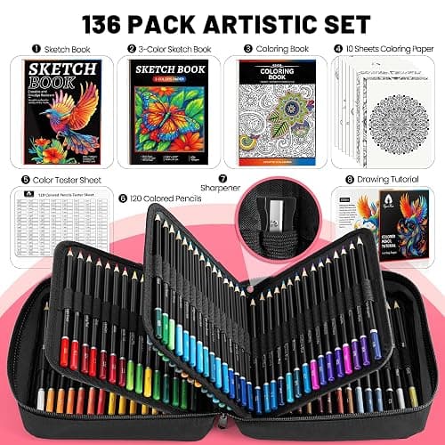 136 PCS Colored Pencils Set for Adult Coloring Books, 120 Colored Pencils with Sketchbook, Coloring Book, Sharpener, Soft Core Sketching Drawing Pencils, Art Supplies for Adults Artists (Black) thumbnail 3