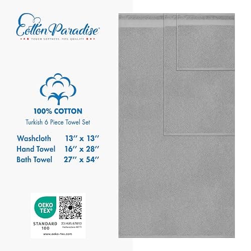 Cotton Paradise 6 Piece Towel Set 100% Cotton Soft Absorbent Turkish Towels for Bathroom 2 Bath Towels 2 Hand Towels 2 Washcloths Light Gray Towel Set - 6 Piece Bath Towel Set - Light Grey thumbnail 4