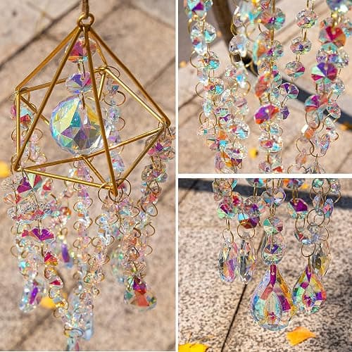 HDCRYSTALGIFTS 21.5inch Crystal Suncatchers for Window Hanging Wind Chime Style Garden Sun Catchers with Crystals Rainbow Maker Indoor Outdoor Decor Handmade Gold Plated thumbnail 4
