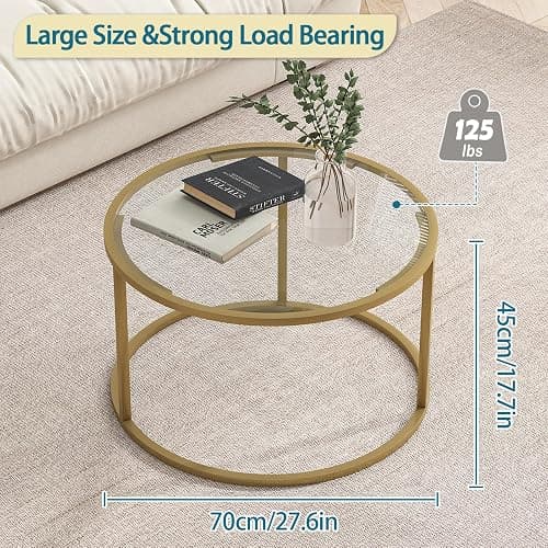 Glass Coffee Table,Round Gold Coffee Table for Small Space,27" Modern Center Table,Glass Top Clear Coffee Table with Sturdy Metal Frame for for Living Room Home Office, Easy Assembly thumbnail 2
