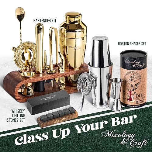 Mixology Bartender Kit: 10-Piece Bar Tool Set with Mahogany Stand | Perfect Home Bartending Kit and Martini Cocktail Shaker Set For a Perfect Drink Mixing Experience | Fun Housewarming Gift (Gold) - Gold thumbnail 9