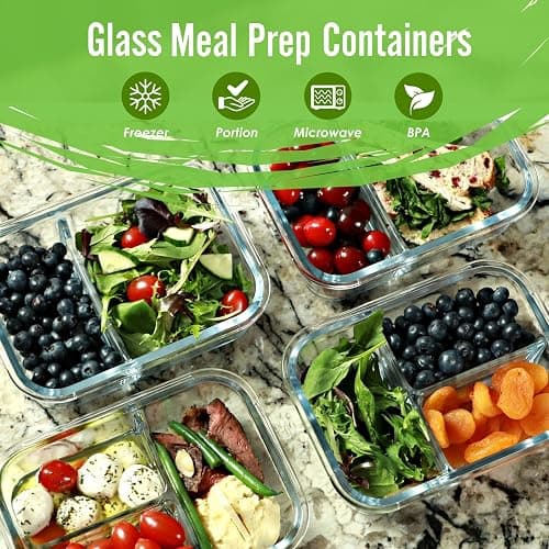 FIT Strong & Healthy Glass Meal Prep Containers, 2 & 3 Compartments – 32 oz Glass Containers with Lids, Food Storage with Black Lids, Oven & Freezer Safe, Leak-Proof Bento Box Adult, 4 Pack thumbnail 2