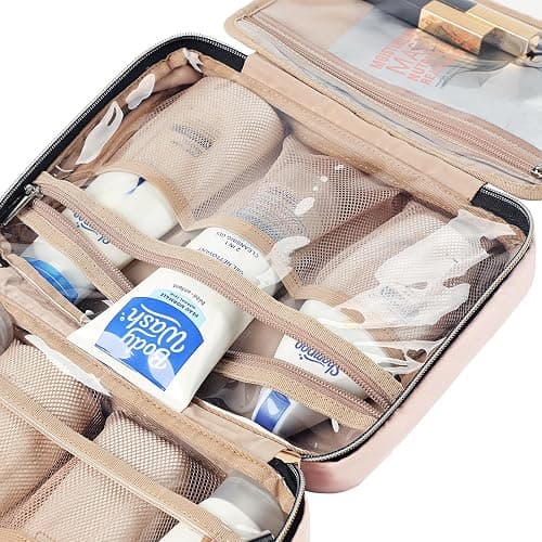 NISHEL Travel Toiletry Bag for women, Portable Hanging makeup Organizer | for Travel-Sized Shampoo, Conditioner, Brushes Set, makeup Accessories, Medium Size, Pink thumbnail 6