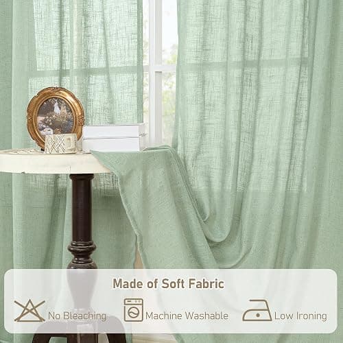 LAMIT 95 Inches Long Fresh Green Linen Curtains for Living Room, Back Tab and Rod Pocket Semi Sheer Curtains Light Filtering Farmhouse Drapes for Bedroom/Dining Room, Set of 2, 52 x 95 Inch thumbnail 8