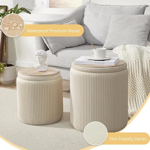 Royal Windsor Round Ottoman with Storage Set of 2, Storage Vanity Stool | Velvet Upholstered Round Storage Ottoman, Ottoman Coffee Table, Small Foot Stool for Living Room & Bedroom, Beige thumbnail 6