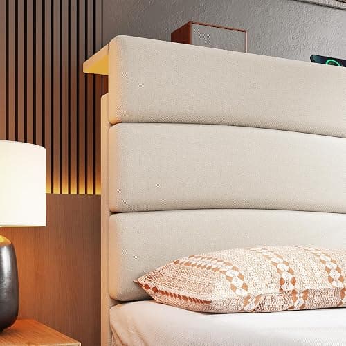 EnHomee Full Size Bed Frame with Fabric Headboard, Upholstered Full Bed Frame with 3 Charging Stations, Wooden Slats, Noise-Free, No Box Spring Needed, Beige thumbnail 4