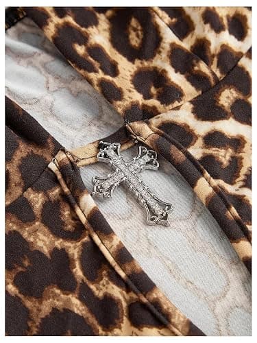 SOLY HUX Women's Cheetah Print Backless Halter Mini Dress | Y2k Style Dresses, Gothic, Deep V Neck , Leopard Animal Print, Plus Size, Layered Ruffle thumbnail 4