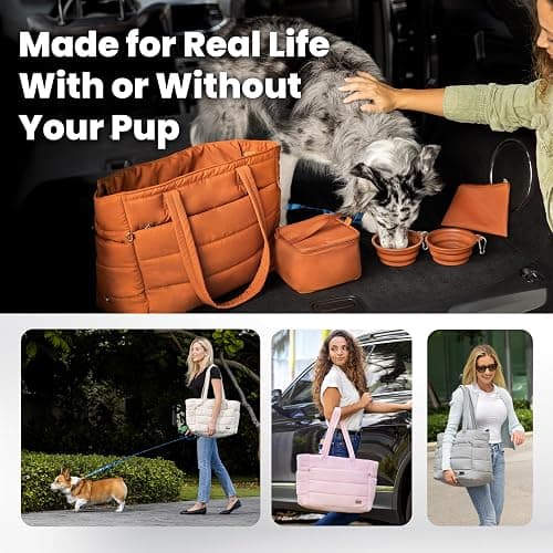 rubyloo Puffer Dog Travel Bag for Dog Moms – Doggy Diaper Bag with Pet Bowls & Food Storage or Everyday Puffy Tote – Doggy Mom Gifts for Women – Lightweight, Travel-Ready Gift for Pet Lovers – Beige thumbnail 5