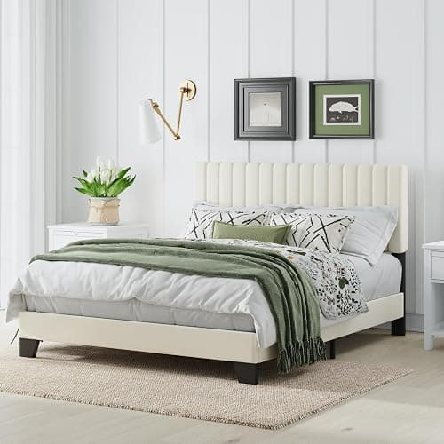 AILUNWALL Queen Size Bed Frame, Velvet Upholstered Platform Bed with Adjustable Tufted Headboard, Sturdy Frame and Slats, Noiseless, No Box Spring Required, Easy to Assemble, Beige thumbnail 3