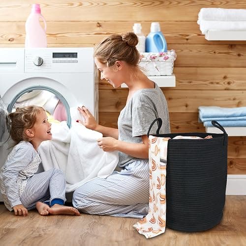 XUANGUO Black Cotton Rope Laundry Basket Hamper for Clothes Woven Storage Basket for Living Room Bedroom Boho Tall Rope Baskets for Blanket Toys Pillow Towels Baby Nursery Hamper Bin Large thumbnail 4