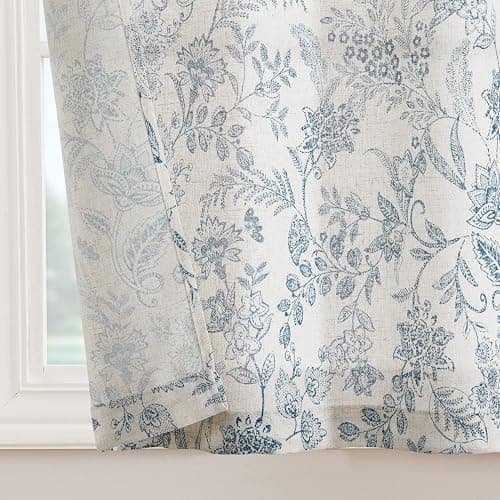 TOPICK Rideaux Cuisine Court Brise Bise Placard Fleuris Bleu 65L X 60H cm, 2 Panneaux de Brise-Bise Translucide en Effet Lin Style Pastoral Anglais à Passe Tringle, Moderne pour Fenêtre sous Evier thumbnail 2