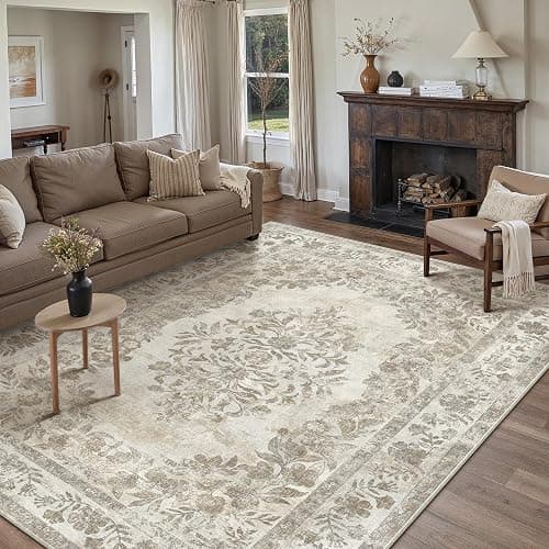 PureCozy 9x12 Area Rug Beige Washable Vintage Distressed Living Room Carpet Large Bedroom Indoor Medallion Floral Non Slip Retro Throw Floor Mat for Office Dining Room Kitchen Bathroom thumbnail 3